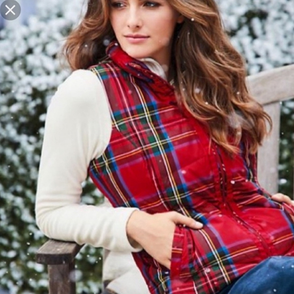 Lands End Red Plaid Down Feather Puffer Vest